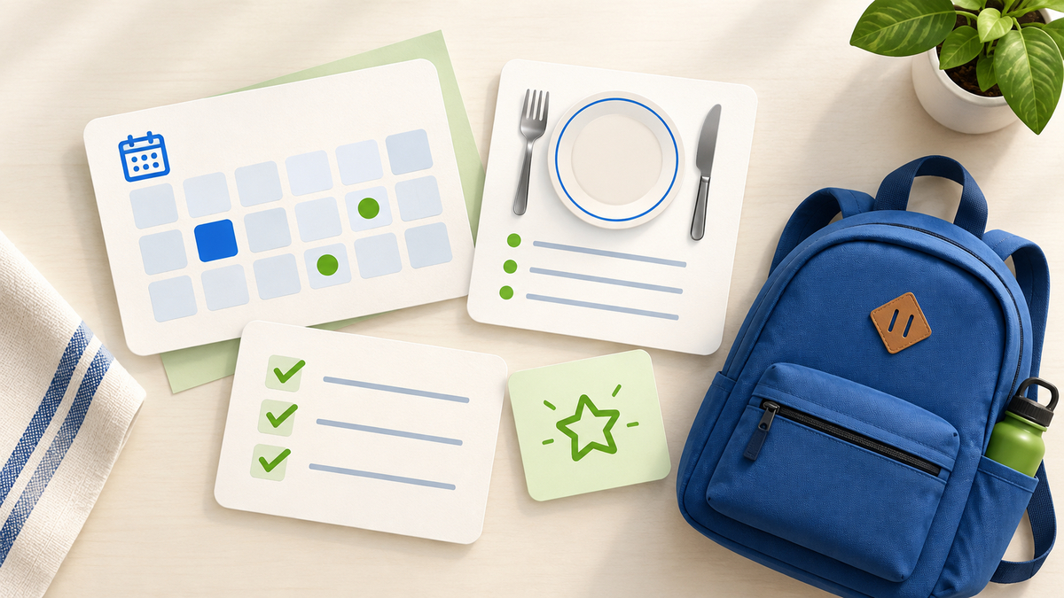 An overhead Sunday planning table with a calendar, meal note, shared checklist, school backpack and a small star for family time