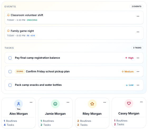 FamilyGoal today view with events and tasks
