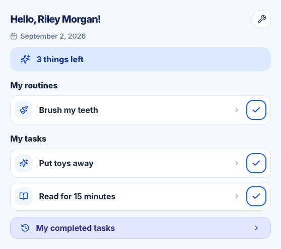 FamilyGoal mobile Kids View with assigned tasks and routines