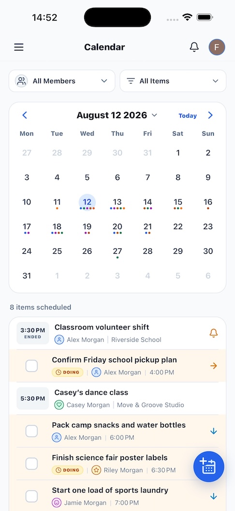 FamilyGoal phone browser calendar with the household’s month view and shared events