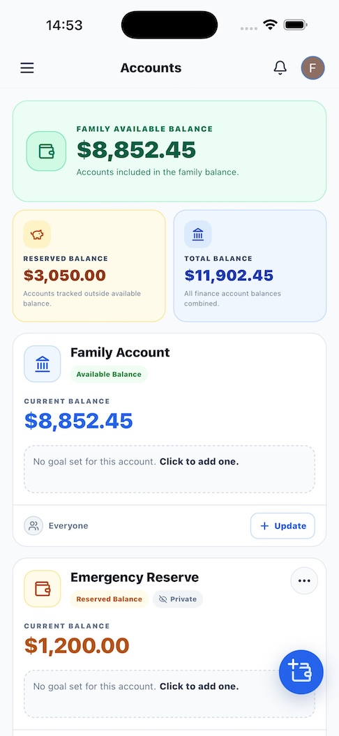 FamilyGoal phone browser finances dashboard with household account and budget information
